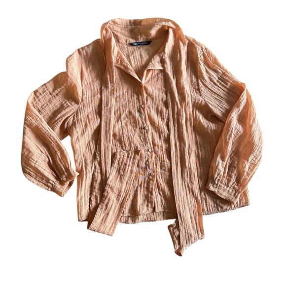 Zara Crinkle Blouse Sheer Romantic Spring Coastal Chic - Picture 2 of 15
